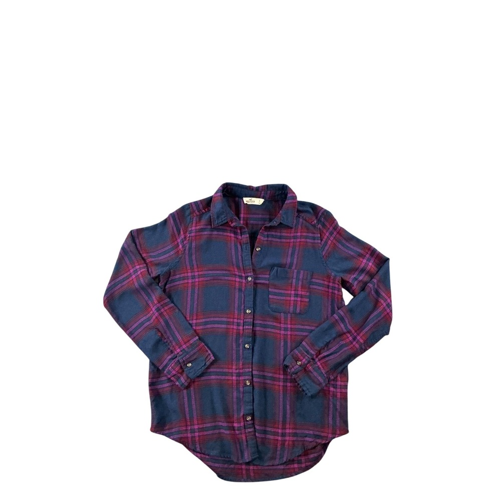Hollister Womens Small Navy Blue Burgundy Plaid Button Down Flannel Shirt S